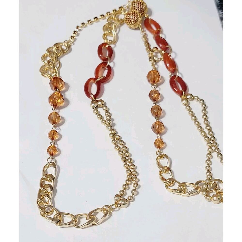 Long‎ Rhinestone & Lucite Station Necklace Gold-tone Amber Brown 40" br01-45